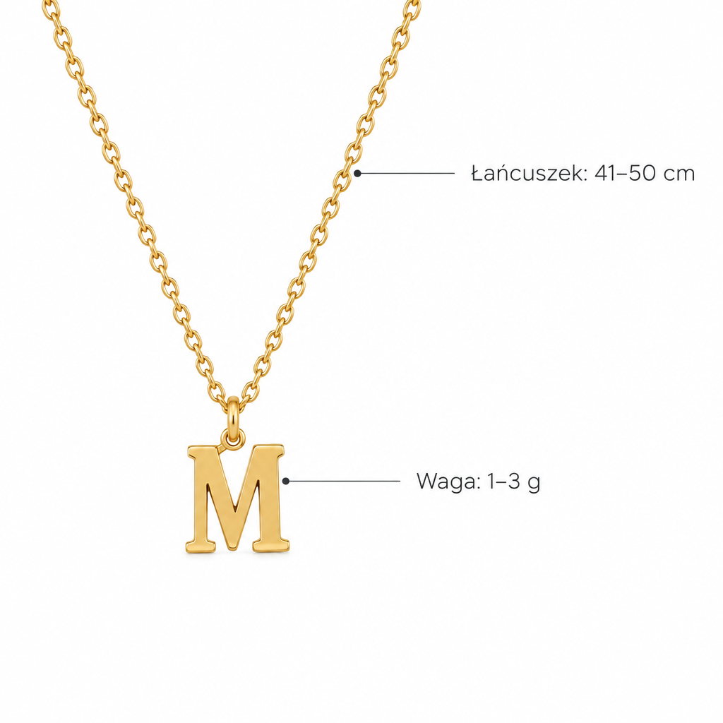 Złoty naszyjnik z literą M – specyfikacja: łańcuszek 41–50 cm, waga 1–3 g