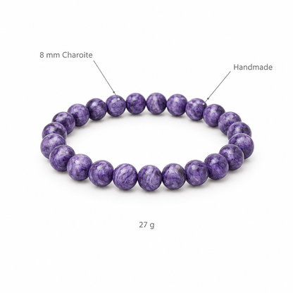 Bransoletka z charoitu, specyfikacja na bialym tle, 8 mm Charoite, Handmade, 27 g