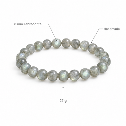 Bransoletka z jasnego labradoritu, specyfikacja na bialym tle, 8 mm Labradorite, Handmade, 27 g