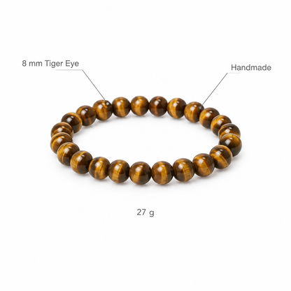Bransoletka z oka tygrysa, specyfikacja na bialym tle, 8 mm Tiger Eye, Handmade, 27 g