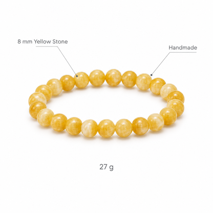 Bransoletka z zodtego kamienia, specyfikacja na bialym tle, 8 mm Yellow Stone, Handmade, 27 g