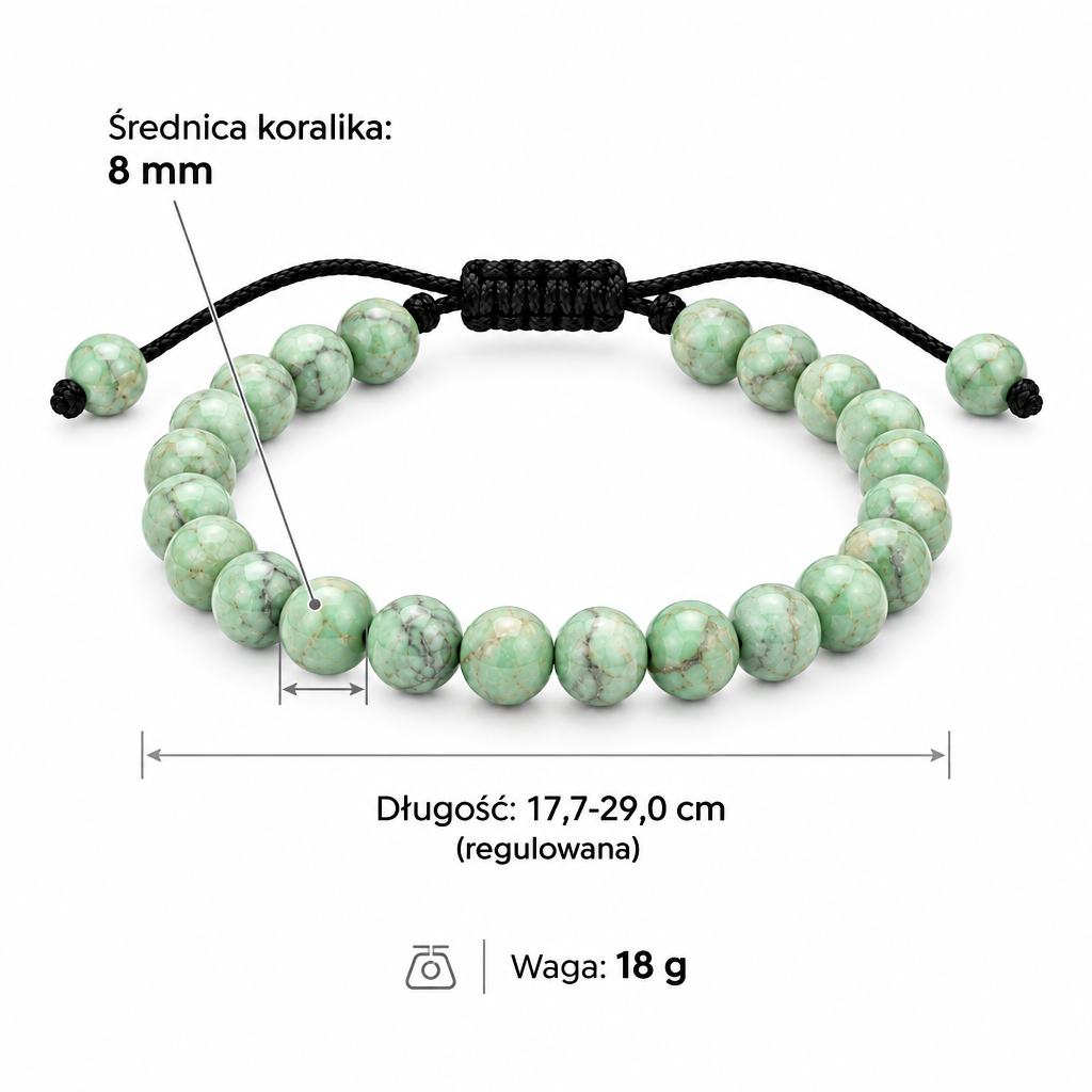 Specyfikacja bransoletki z miętowego kamienia naturalnego: średnica koralika 8 mm, długość regulowana 17,7–29,0 cm, waga 18 g