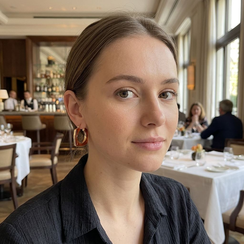 Modelka z brązowym geometrycznym kolczykiem ze złotą obwódką w restauracji