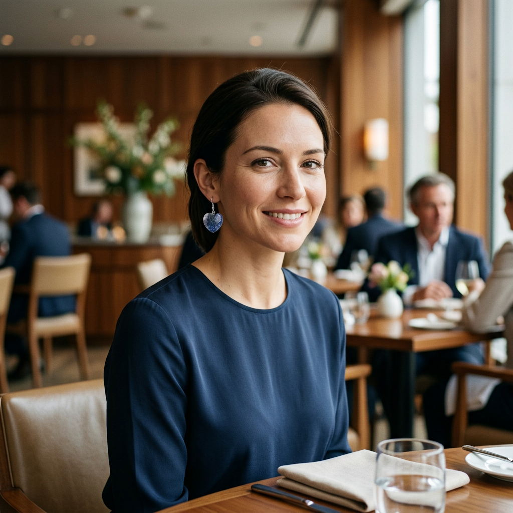 Modelka z niebieskim kolczykiem sercem w restauracji