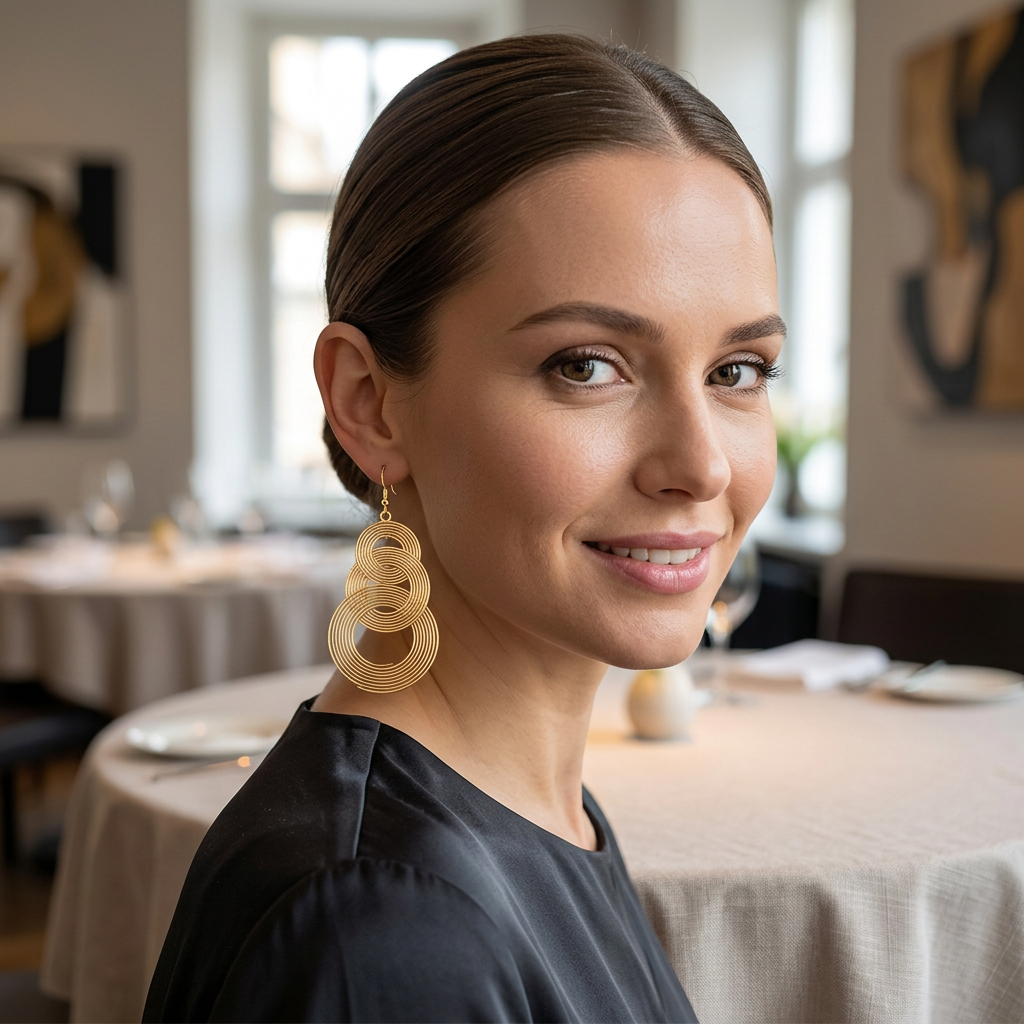 Modelka ze złotym kolczykiem z trzech koncentrycznych kół w restauracji