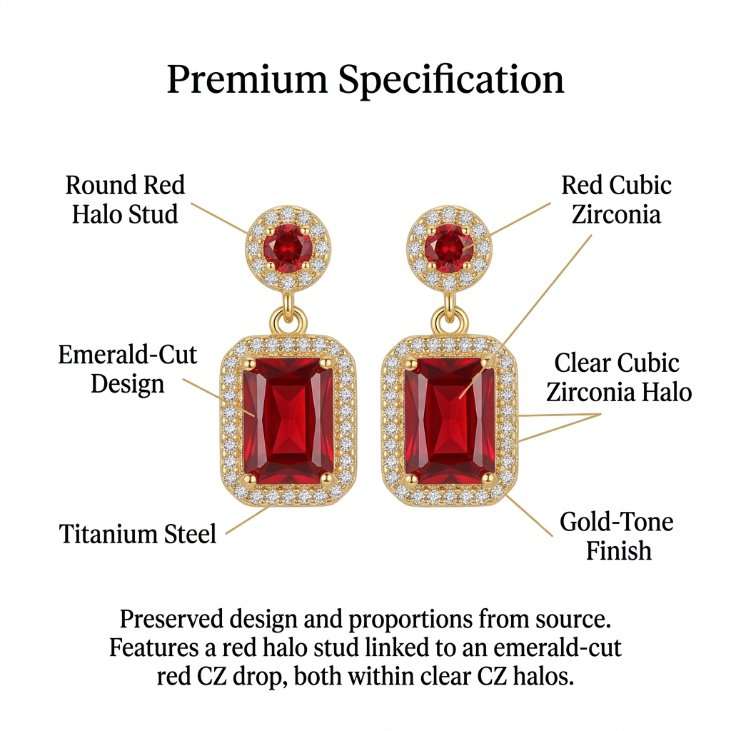 Złote kolczyki z czerwonymi cyrkoniami, angielska specyfikacja na białym tle
